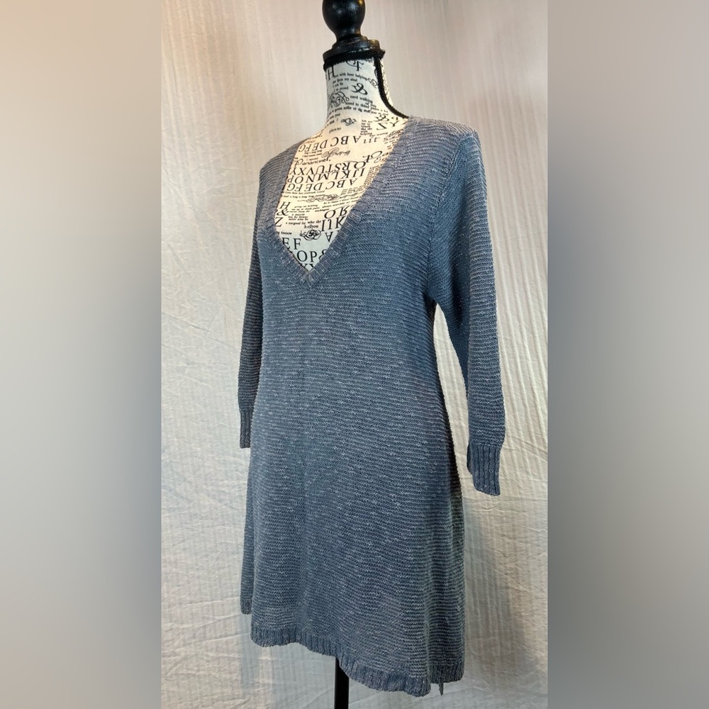 Eileen Fisher Sz M Sweater Blue Grey Linen Blend V-Neck Tunic Pullover Knit